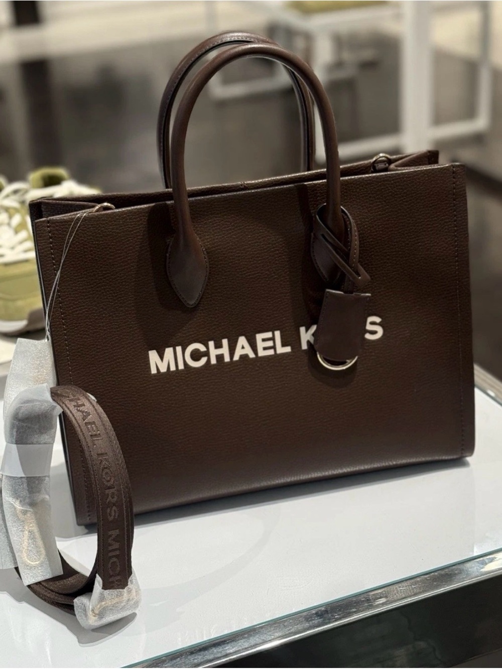 Michael Kors Dark Brown Leather Logo Tote with Detachable Strap